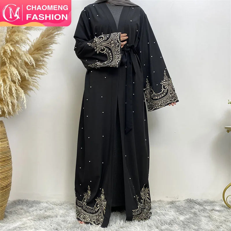 1684# Muslim Fashion Pretty Flower Embroidery With White Pearls Hot Sale Luxury Open Abaya 2 Colors Bottom Different Design