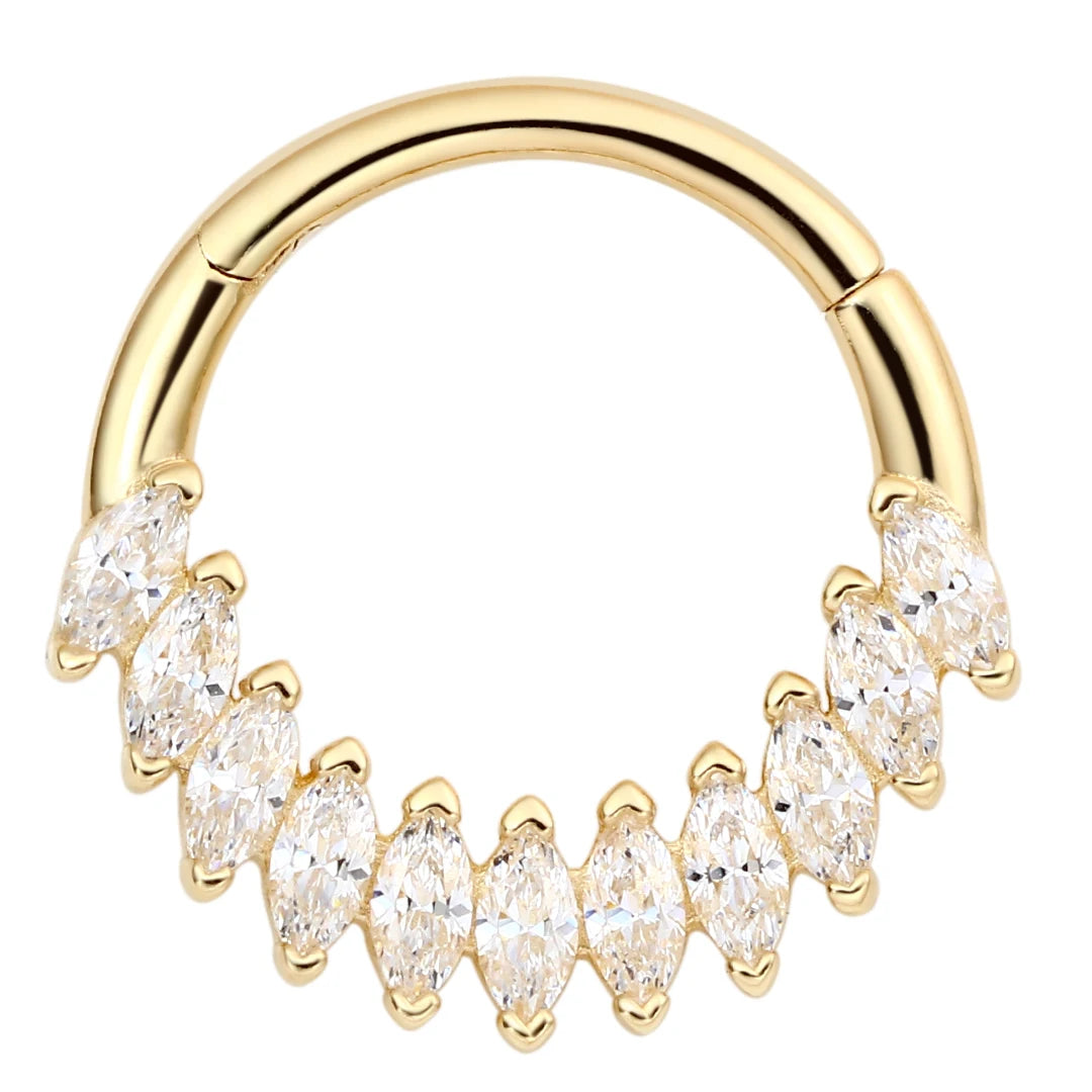 Eternal Metal 14K Solid Gold  Facing 11 Marquise 5A CZ Half Paved Hinged Segment Hoop Ring Septum Clicker Helix Piercing Jewe