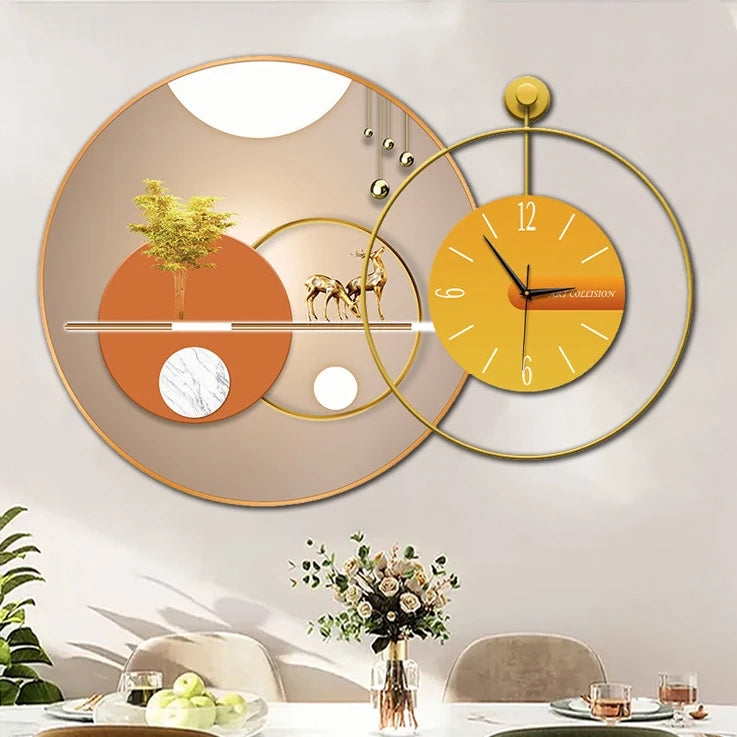Modern Restaurant Decorative Painting with Clock Background Wall Clock Painting Round Crystal Porcelain Hanging Painting