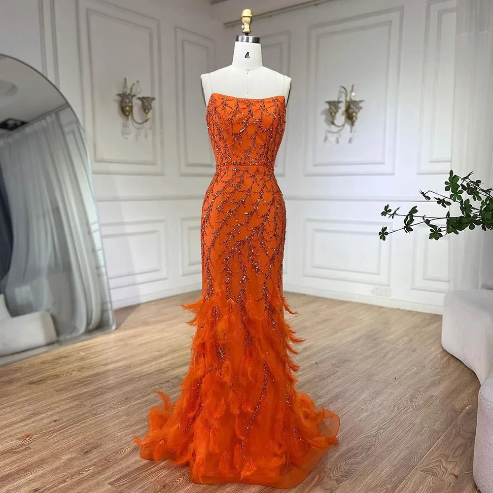 Orange Mermaid Evening Dresses With Feathers Serene Hill LA72272 Beaded Party Gowns for Women Wedding 2024