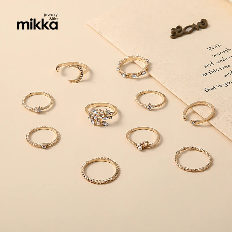 Cheap Bohemian Fashion Star Moon Ring Set for Women Love Pearl Leaves Gold Plated Rhinestone Rings Jewelry
