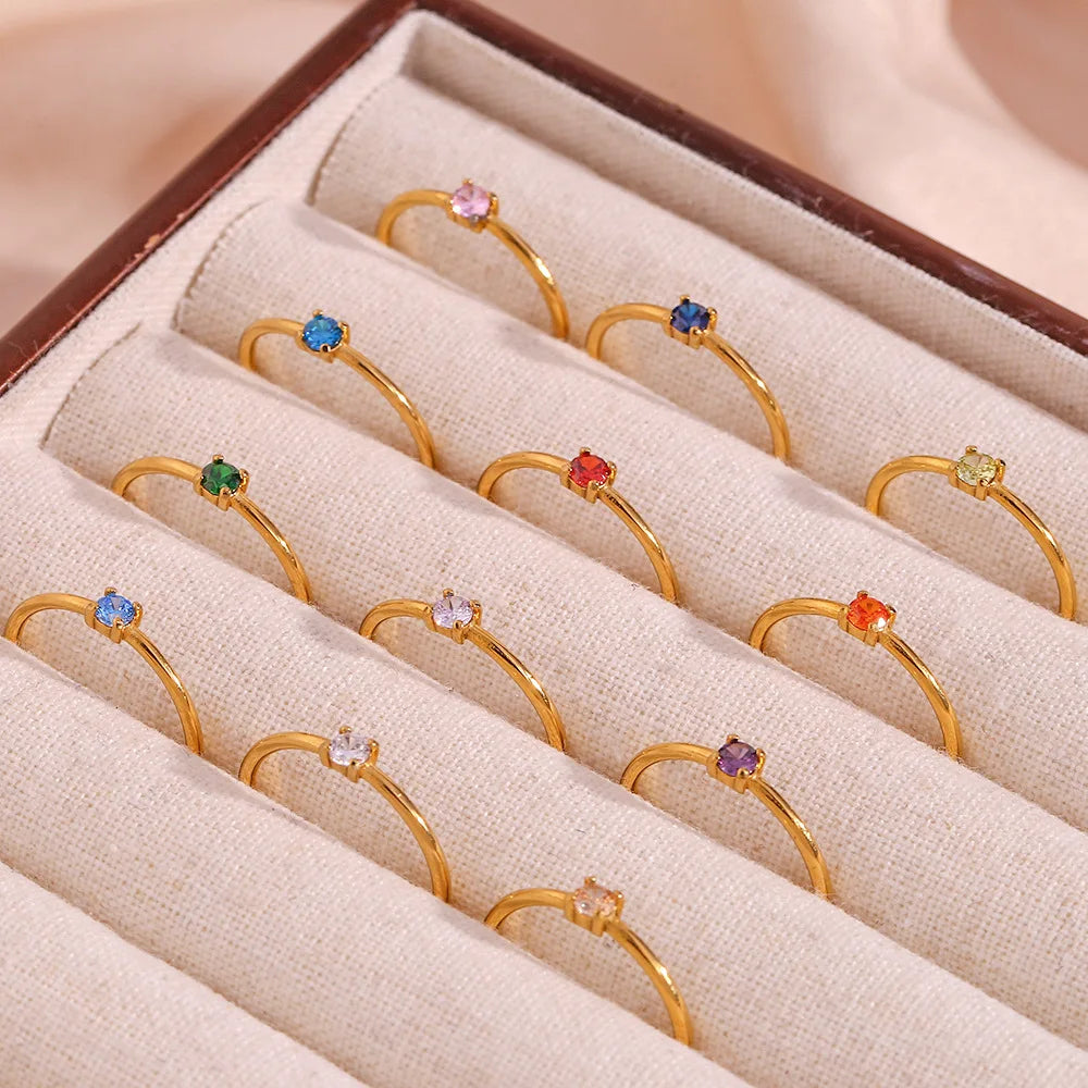 Luxury 18K Gold Plated Stainless Steel Ring Creative Waterproof Thin Circle 12 Month Round Zircon Birthstone Ring for Women