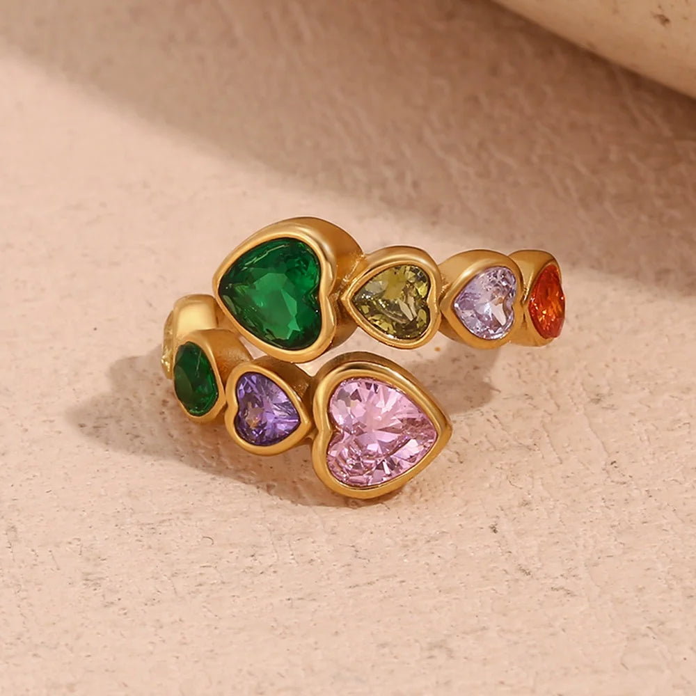 Dreamshow Summer Jewelry for Women Colorful Heart Zircon Ring 18k Gold Plated Stainless Steel Jewelry