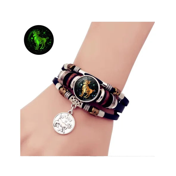 Hot Sale Glow in the Dark Multi-layer Braided  Leather 12 Horoscopes Zodiac Sign Bracelet  for Couple