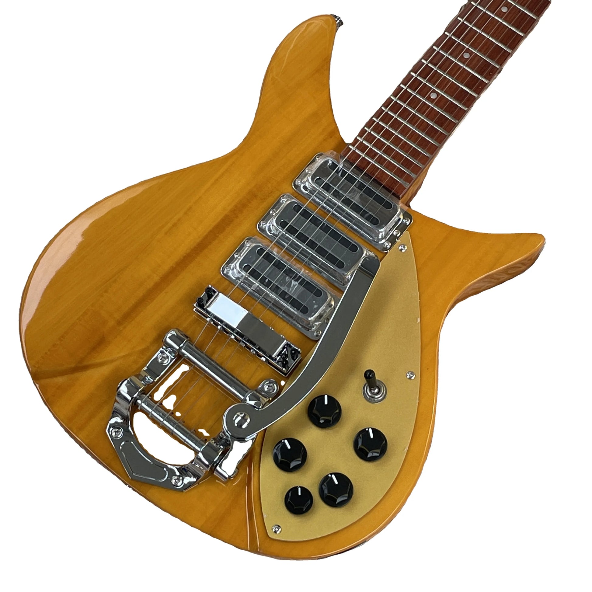 325 R-Brand Transparent Yellow Electric Guitar Gold Pickguard Maple HHH Big-sbTremolo Mahogany Neck Rosewood Fretboard Free