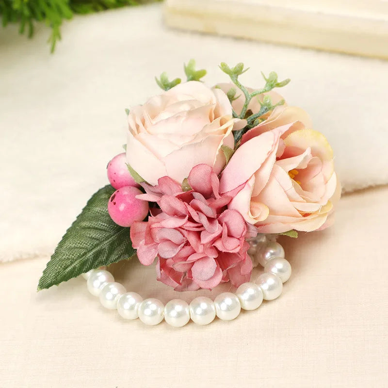 Wholesale Wedding Bridal Wrist White Rose Flower With Silks Pearl Decor Girl Dance Performance Wrist Corsage Ribbon Flower