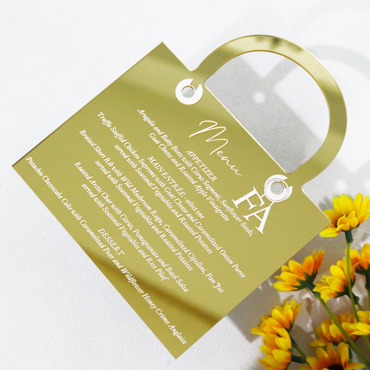 Creative Design Gold Mirror Acrylic Menu Card with with Hand Bag Shape
