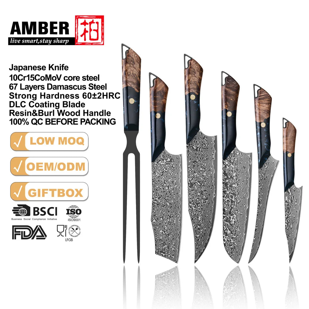 Amber 1-5-Piece Damascus Kitchen Knife Set 67 Layer VG10 Steel Cutting Chef's Knife Cleaver Santoku Boning Japanese Knives Se