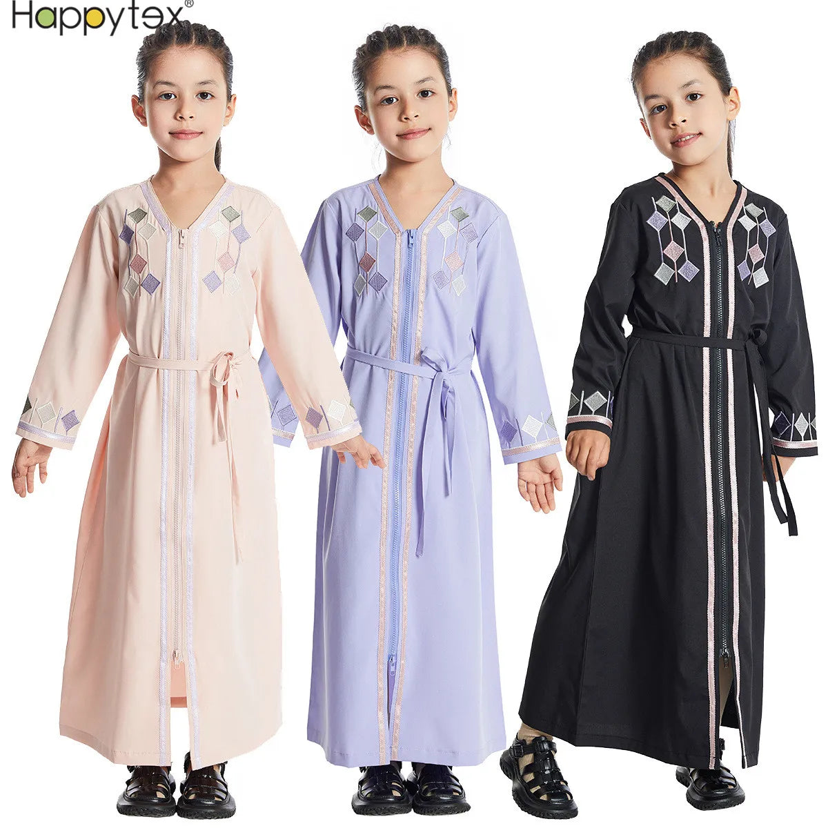 Muslim Embroidery Long Dress Abaya Islamic Children Arab Clothing Soft V-Neck Full Length Girls Muslim Dress for Home Holiday