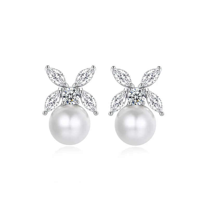 SLBRIDAL Trendy  Sparkling CZ Crystal Flower Pearls Women Girls Fashion Earring Cubic Zircon Stud Earring Bridal Wedding Earr