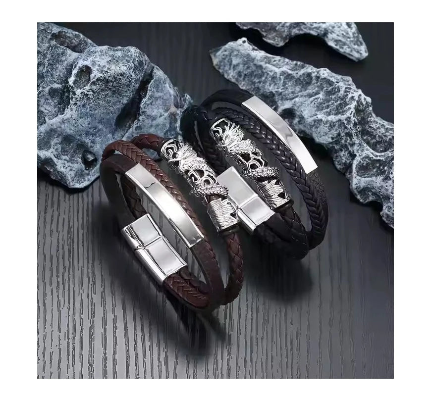 2025 Punk Style Dragon Bracelet Support Custom Logo DIY Handmade Braided Multi-layer Leather Bracelet for Men