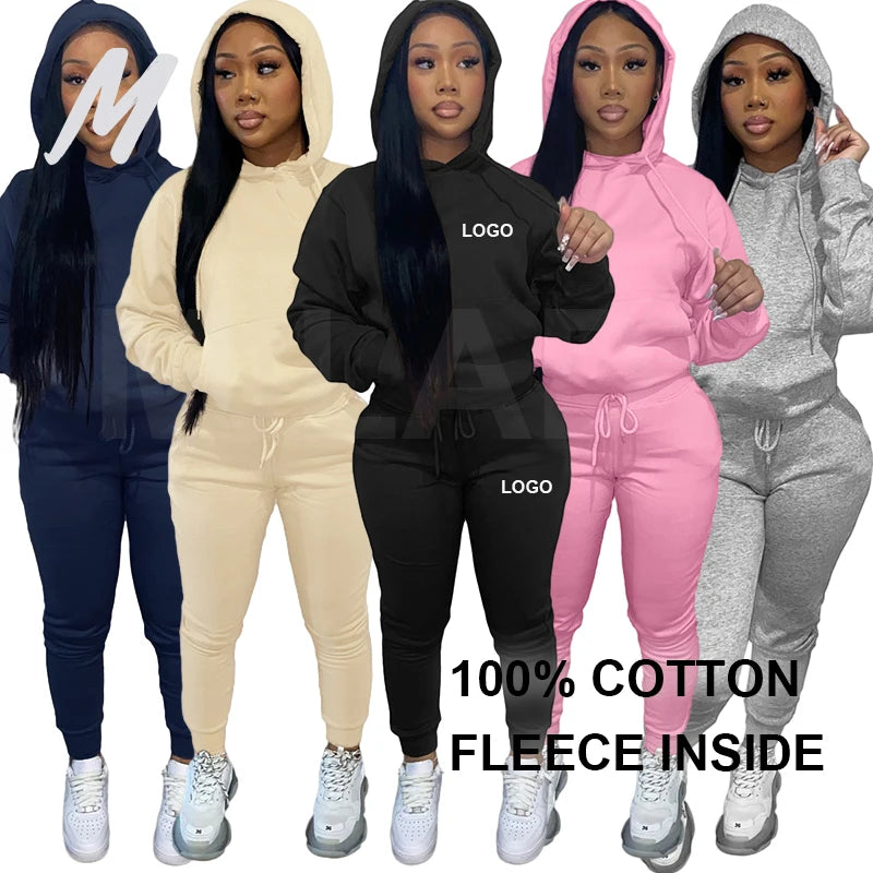 100% Cotton Fleece Inside Custom Logo Sweatpants and Hoodie Sets Custom Sweat Suit Jogger Women Set Hoodie Two Piece Set Wome