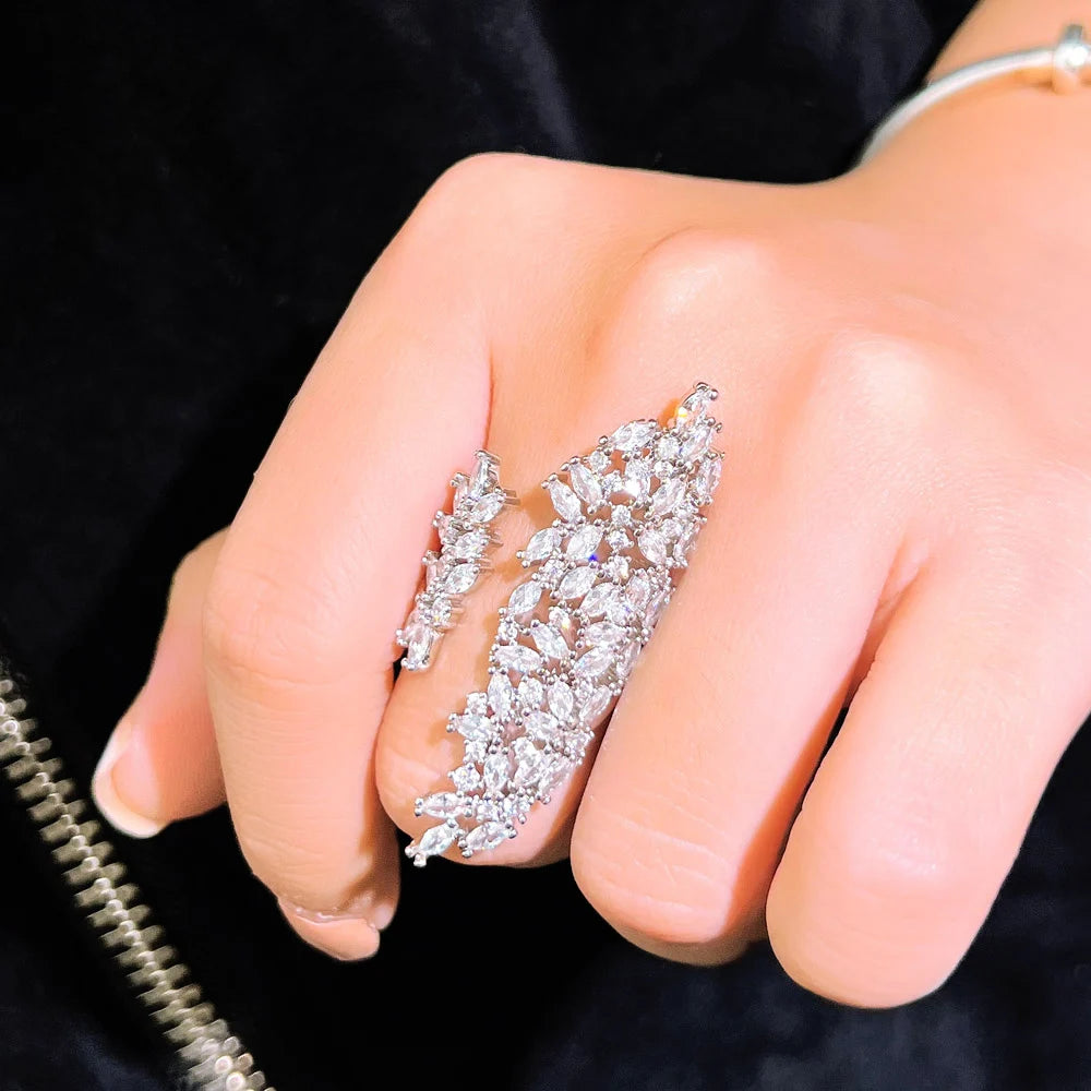 Shimmering White CZ Silver Plated Brass Cocktail Exaggerated Big Bold Adjustable Wedding Ring for Female Fashion Finger Jewel