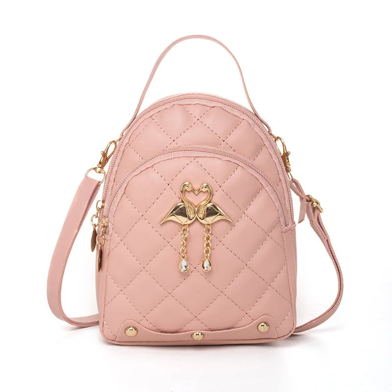 Women New Swan Charm Embroidery Double Handheld Small Backpack Casual Mini Cell Phone Bag