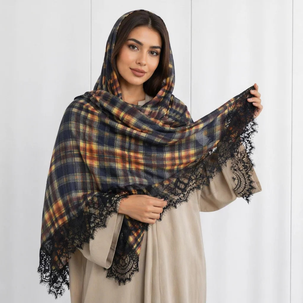 New Arrival Digital Modal Printing Plaid Pattern Scarves Premium Soft Breathable Lightweight Hijab with Lace