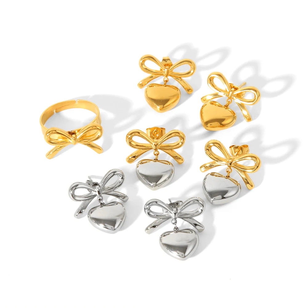 Best Selling Stainless Steel 18K Gold Plated PVD Cute Butterfly Bow Peach Love Heart Stud Earrings With Bow for Girls Gift