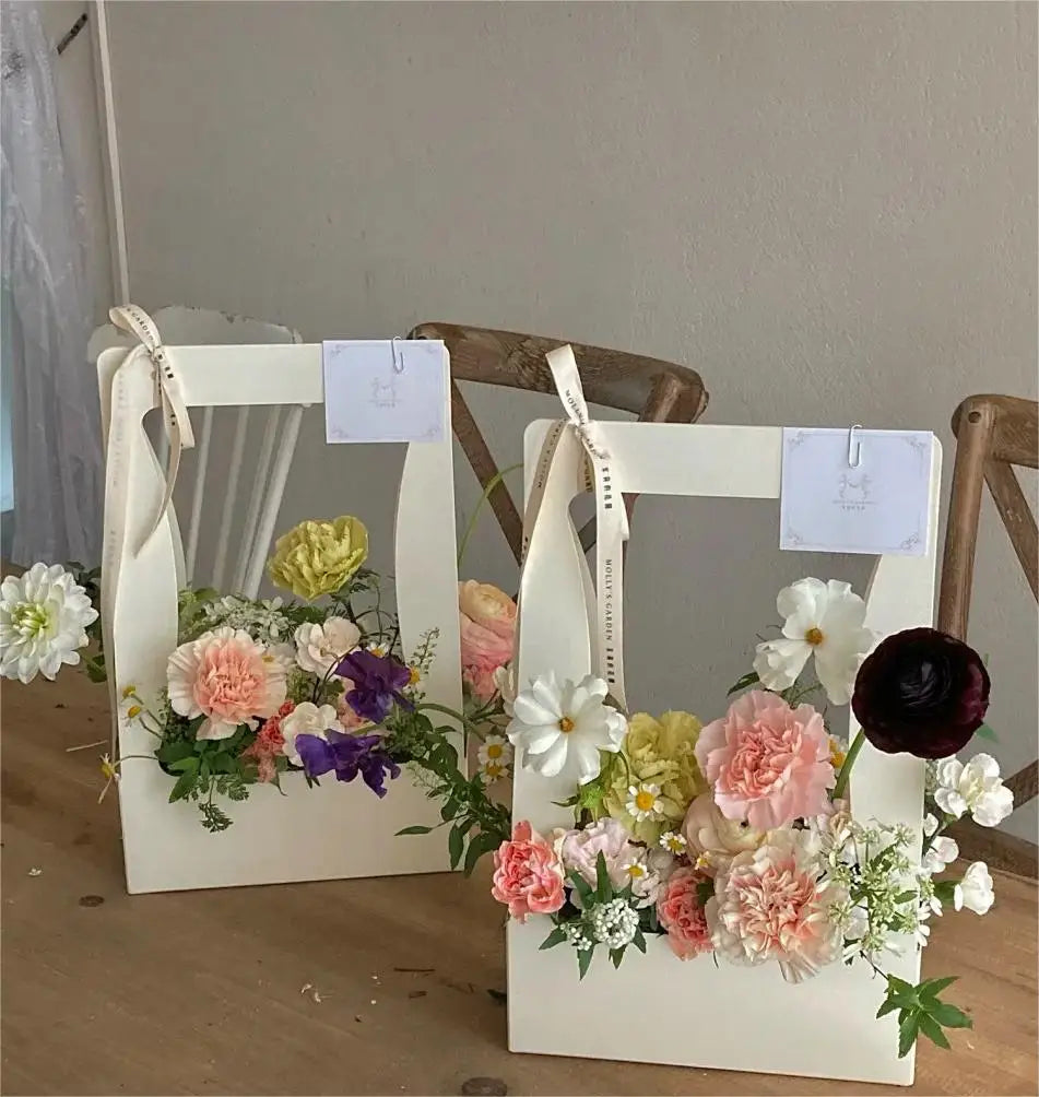 Wedding Gift Paper Box With Handles Flower Packaging Custom Logo White Black Pink Fresh Flower Waterproof Paper Boxs