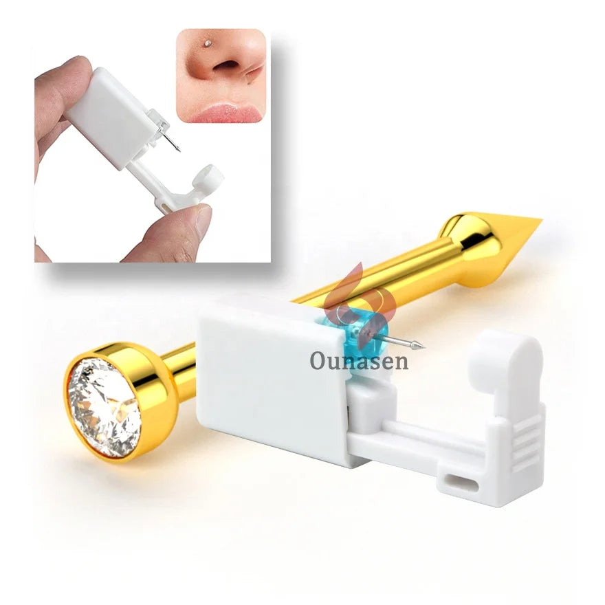 Disposable Golden Self Nose Piercing Gun Kit with Built-in Golden Clear Crystal Nose Studs 2mm Piercer