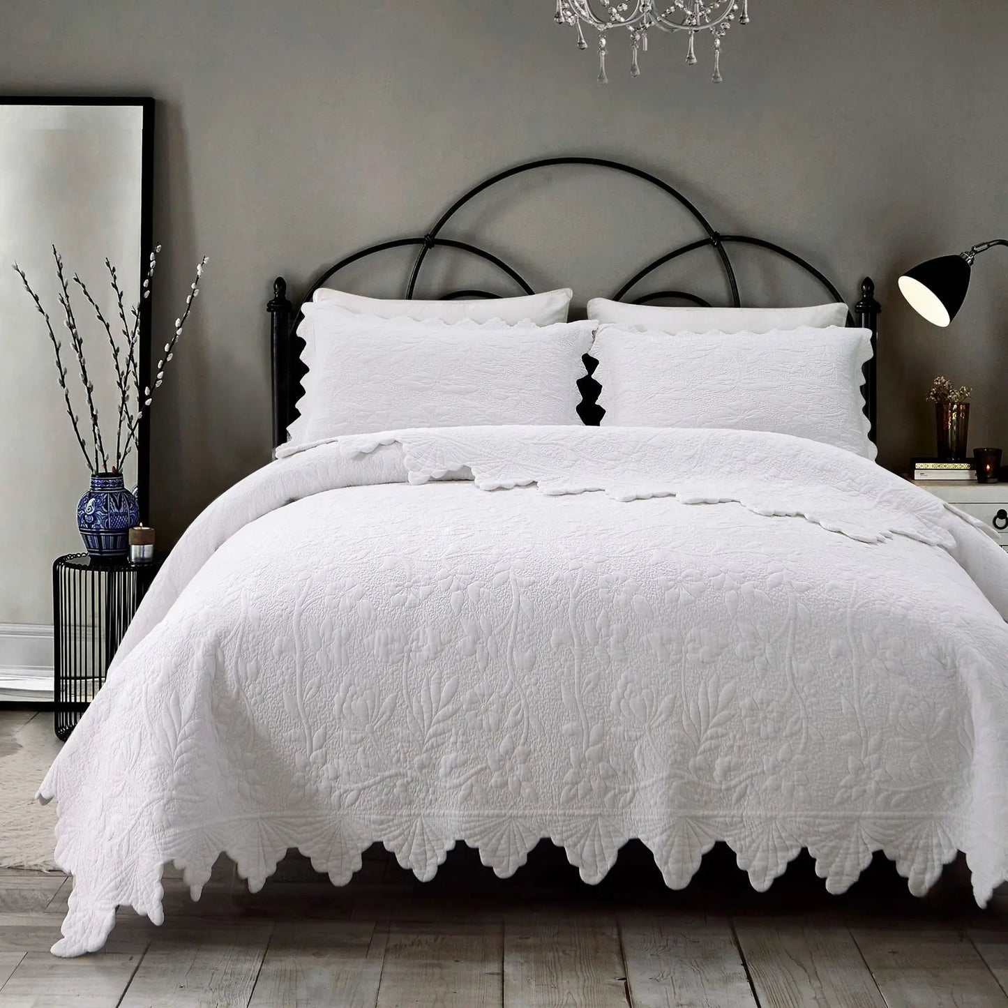 Factory Direct Home 100% Cotton Wave Triangle Eggplant Edge Embroidery Quilted Vine Bed Cover Three-piece Set Eco-Friendly 30