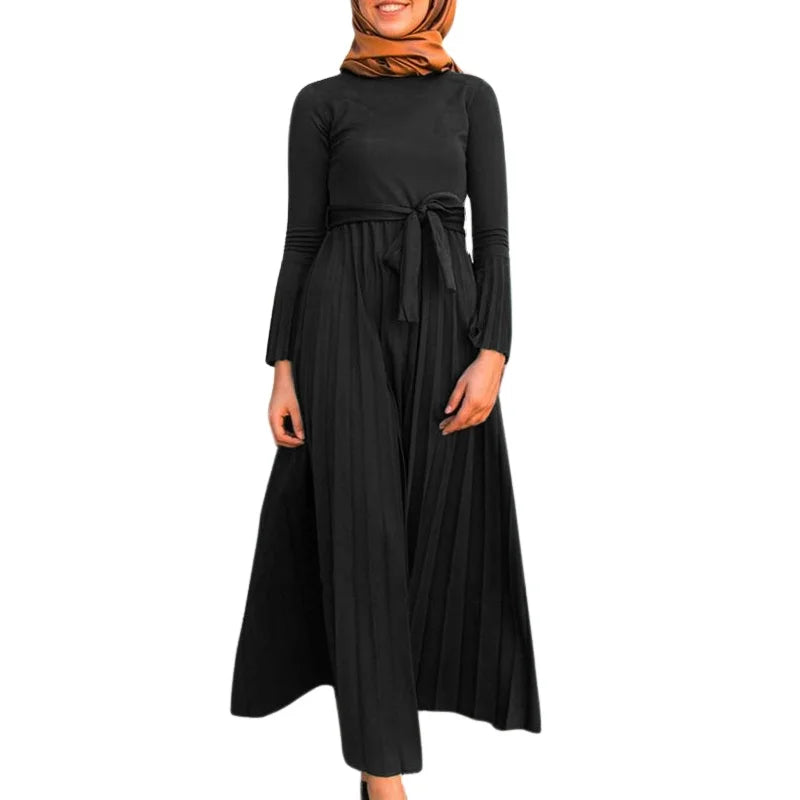 Plain Color Black Flare Sleeve Modest Clothing Pleats Abaya Women Muslim Dress With Belt