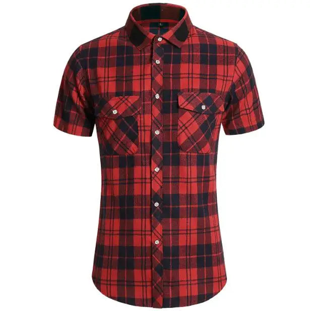 Summer New Men's Double Pocket Plaid Shirt Handsome Young Men's Oversized Shirt Short Sleeved Casual Shirts