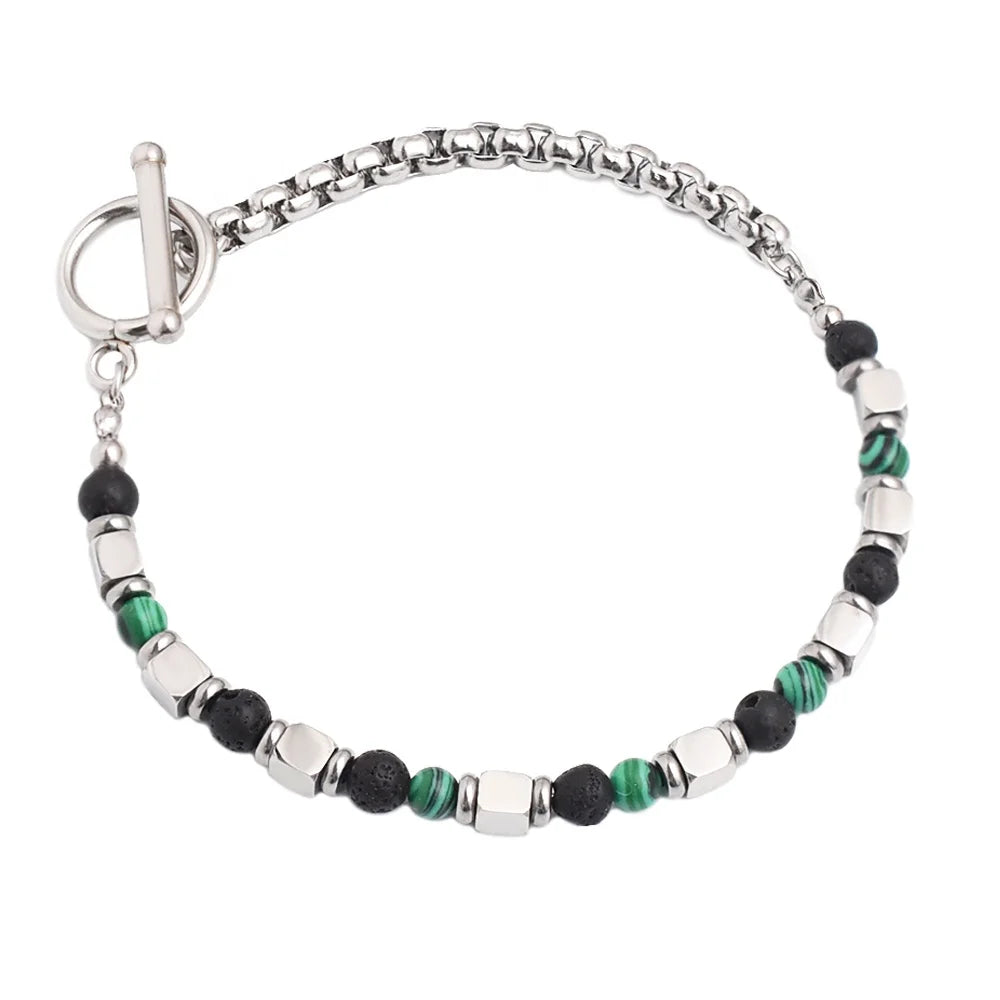Fashion Trendy Lava Stone Bead Bracelet Men Stainless Steel Titanium Plated Adjustable Chain Toggle Clasp Jewelry Gift Busine