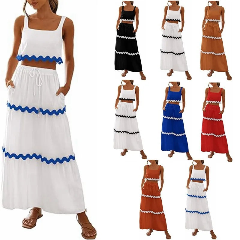 Women's Lace Patchwork Sleeveless Short tank Top High Waisted Long Skirt Set