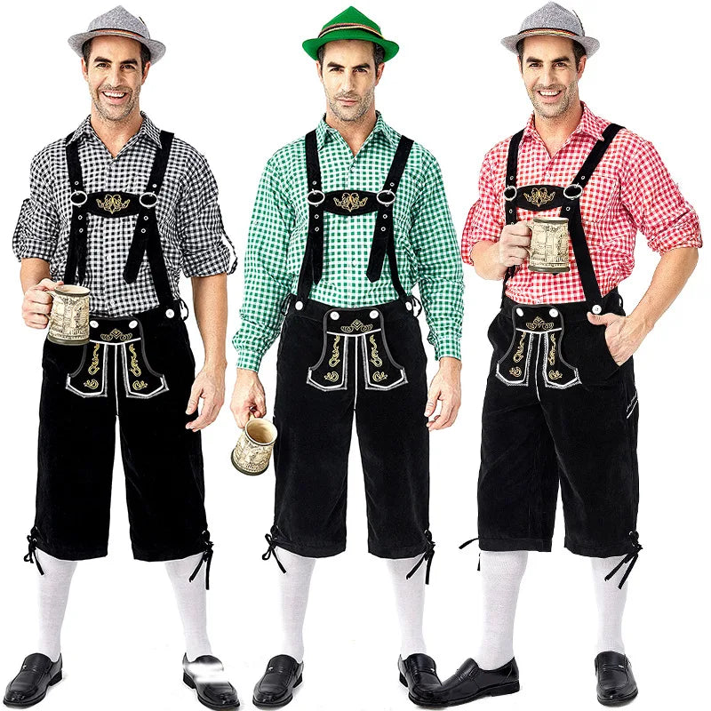 Adult Party Costume Red Plaid Shirt Overall Men Oktoberfest Pant Beer Bar Costumes Germany Beer Festival Costume