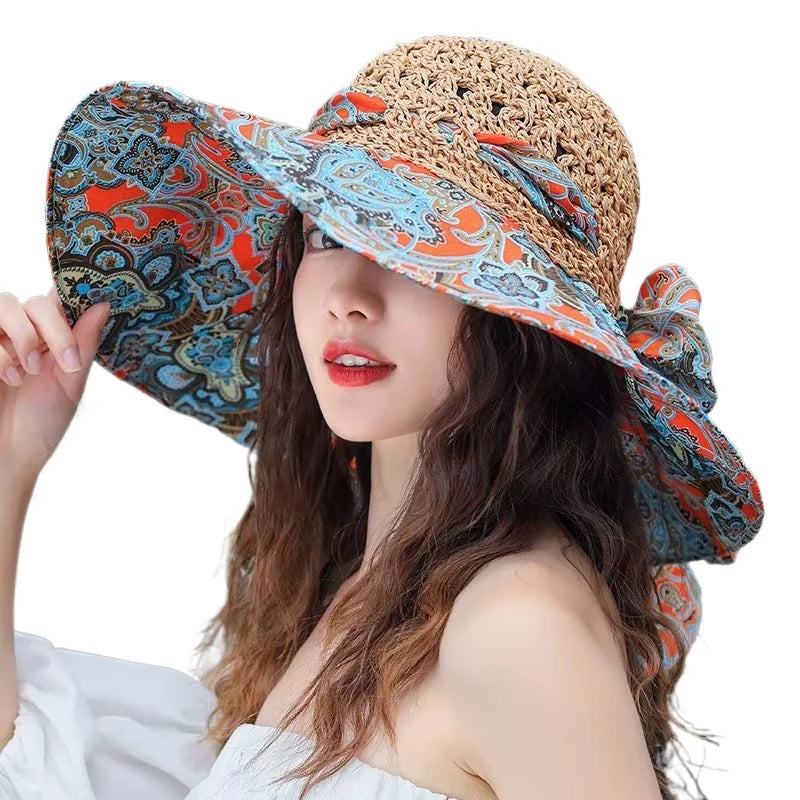 Women Paper Straw Hat Large Wide Brim Straw Floppy Hat Summer Sun Fashion Broad Beach Hat Sun Visor Cap