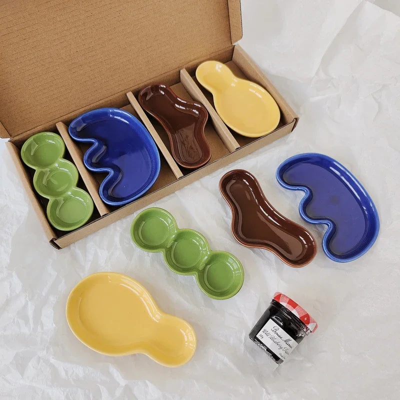 Irregular Hand-kneaded Ceramic Dipping Flower Dish Colorful Glaze Lovely Japanese Hot Pot Dipping Flower Dish