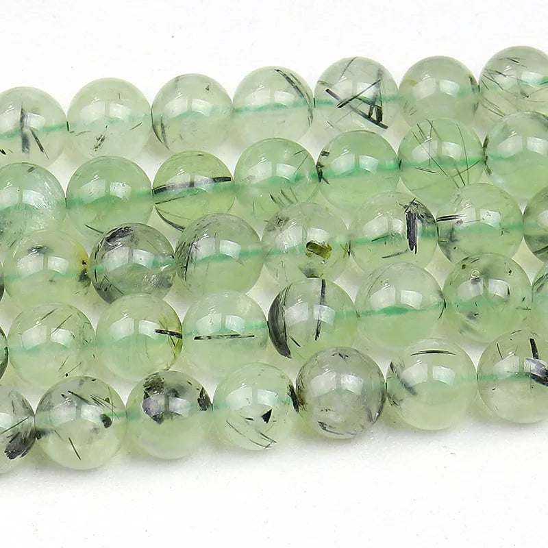 Wholesale Natural Green Prehnite Gemstone With Black Tourmaline Loose Beads for Jewelry Making 6mm 8mm 10mm 12mm