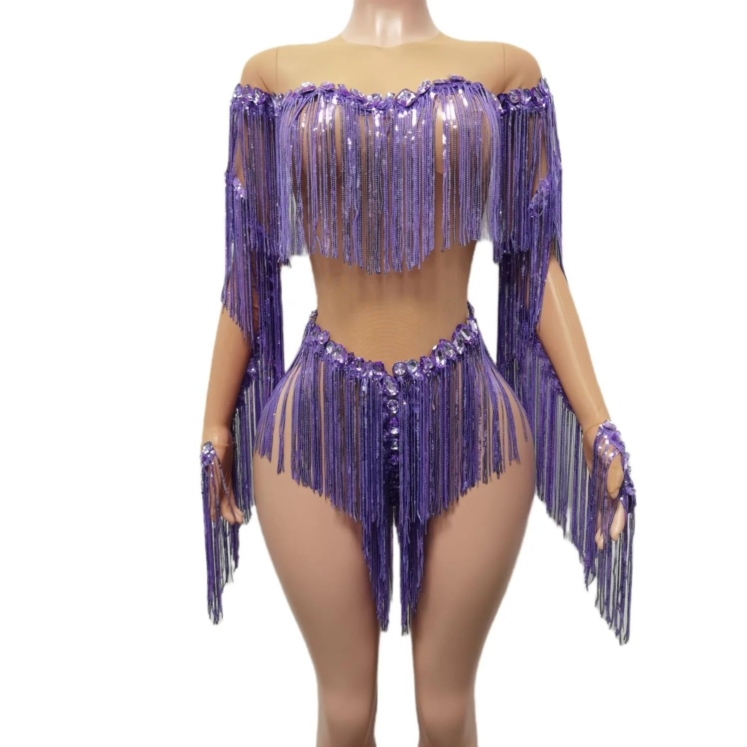 Shiny Crystal Tassel Carnival Gogo Dancer Costumes Showgirl Festival Outfits Women Club Sequin Jumpsuits Sexy One Piece Bodys