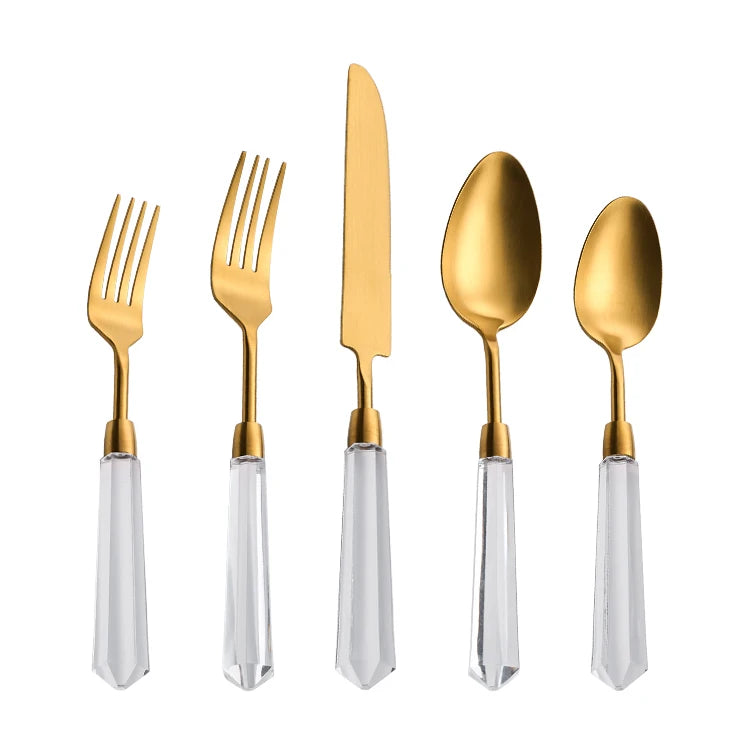 Bulk Brushed Matte Gold Flatware Clear Acrylic Stainless Steel 18/10 Europe Style Back to School Wedding Cutlery Set