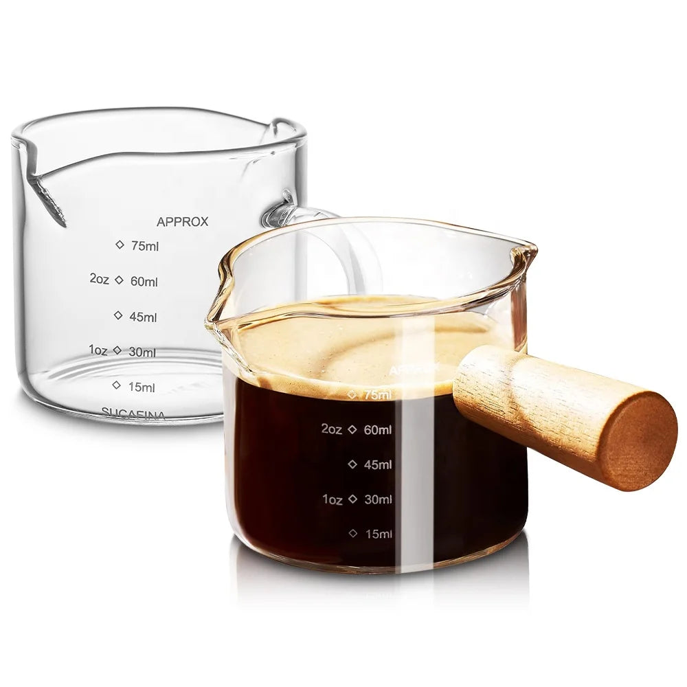 75ml Double Spout Glass Measuring Cup Dual Scale Espresso Shot Cups with Wood Handle
