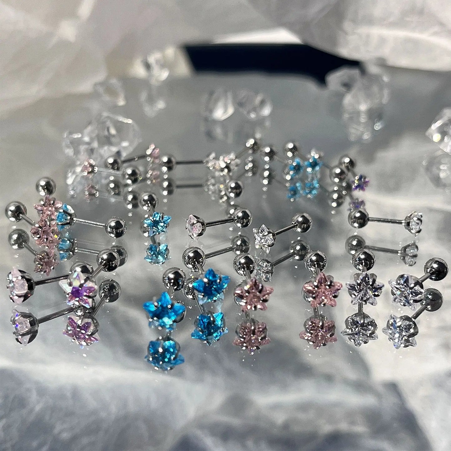 Super Shiny Star Shape Claw Zircon Diamond Stainless Steel Colored Zircon Screw Ear Bone Studs Earrings