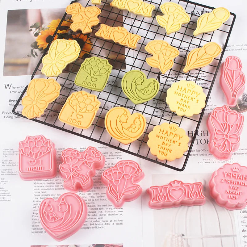 Saffron Embosser Box Cookie Treat Set for Mother's Day Flower Set of 8 Plastic Cookie Cutters for Moms Birthday