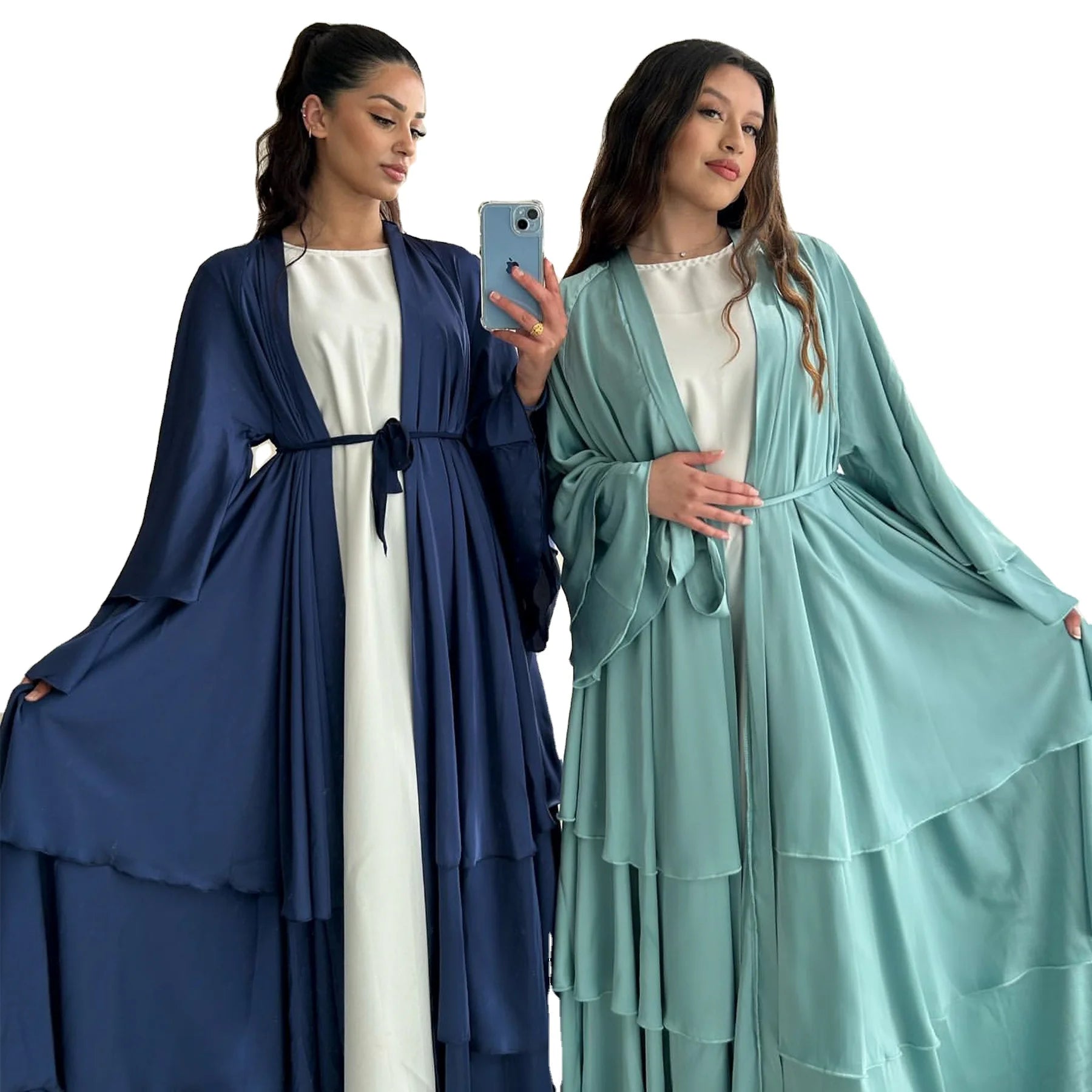 Elegant Luxury Satin 3-Layer Kaftan New Modest Open Abaya for Women Turkish Islamic Clothing 2pcs MOQ Inspired by Dubai Style