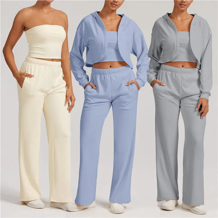 3 Piece Fitness Sports Strapless Crop Top Jacket Jogger Pants Tracksuits Breathable Running Suits