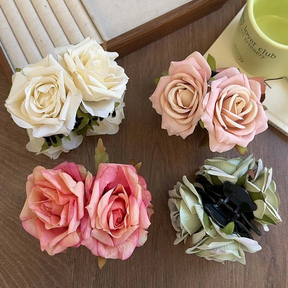 Spring and Summer Rose Flower Hair Claw Clips Sweet Imitation Flower Fabric Hair Accessories Custom Design Hair Claw Clip