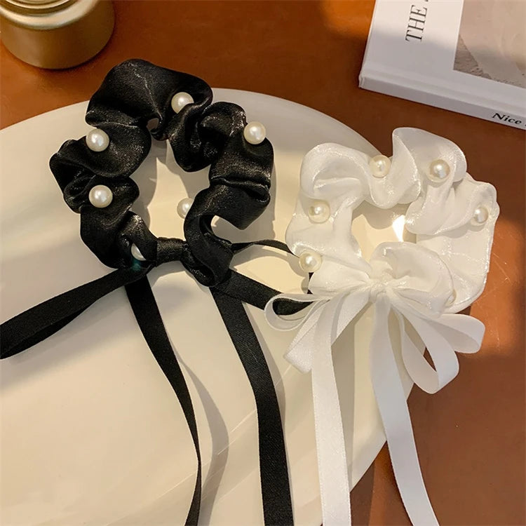 Korean Ribbon Sweet Hair Scrunchies Pure Desire Hair Loop Bow Pearl Hair Accessories Simple Temperament Tied Ponytail Headban
