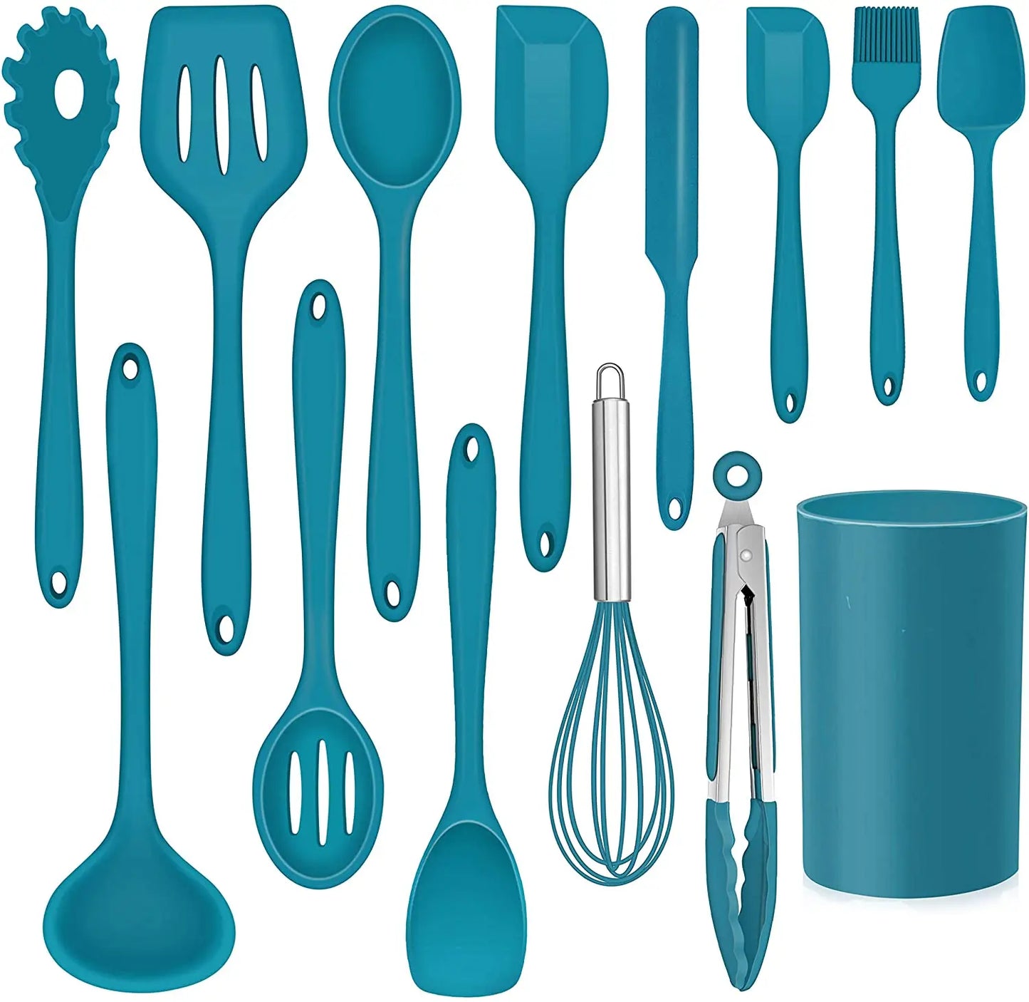 WEIMU Heat Resistant Ecofriendly Silicone Cooking Utensils Set Includes Spatula Spoon Tong Holder 14-Piece Dishwasher Safe