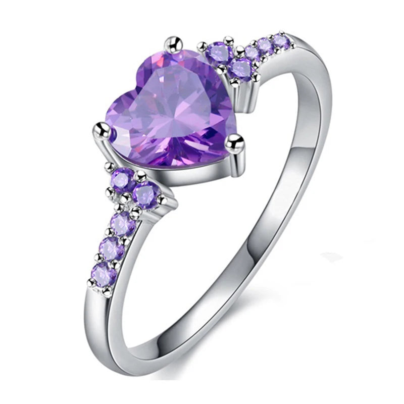 CAOSHI Trendy Brass Jewelry Elegant Purple Heart Cut Crystal Cubic Zircon Rings for Luxury Silver Color Wedding Rings for Wom