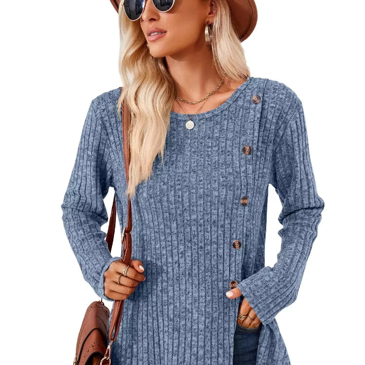 Women's Autumn/Winter New Style Ribbed Square Neck Puff Long-sleeve Split Sweater T-shirt Tops for Women Stylish