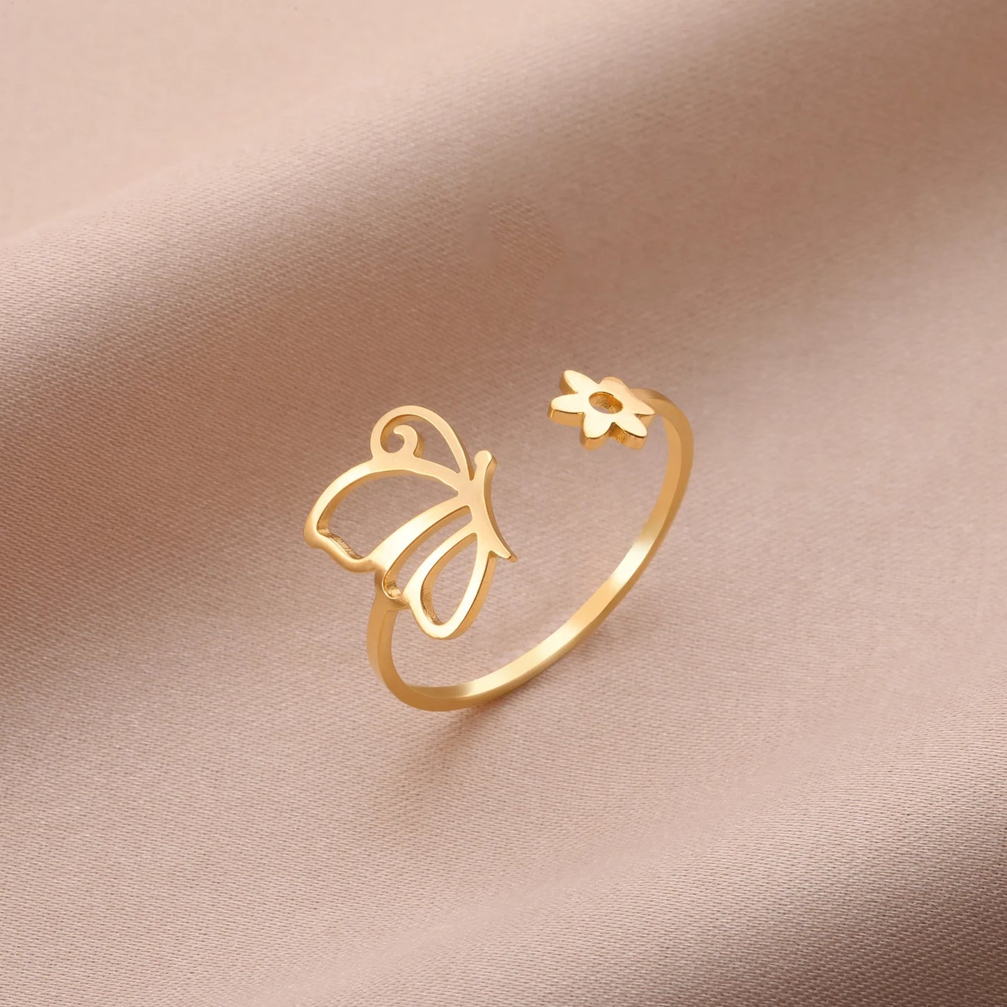 Butterfly and Flower Open Rings for Women Fashion Insect Adjustable Ring Stainless Steel Jewelry Birthday Party Gifts