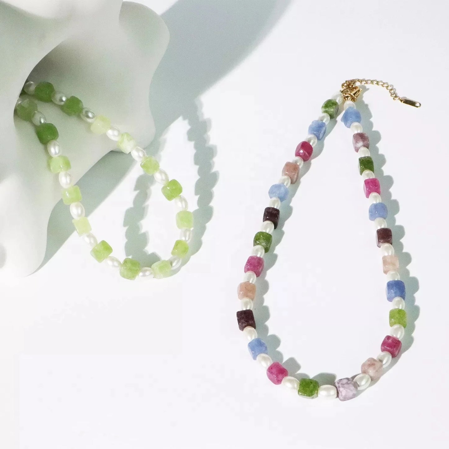 Handmade Vintage Imitation Pearl Multicolor Cubic Natural Stone Beaded Necklace Jewelry for Women