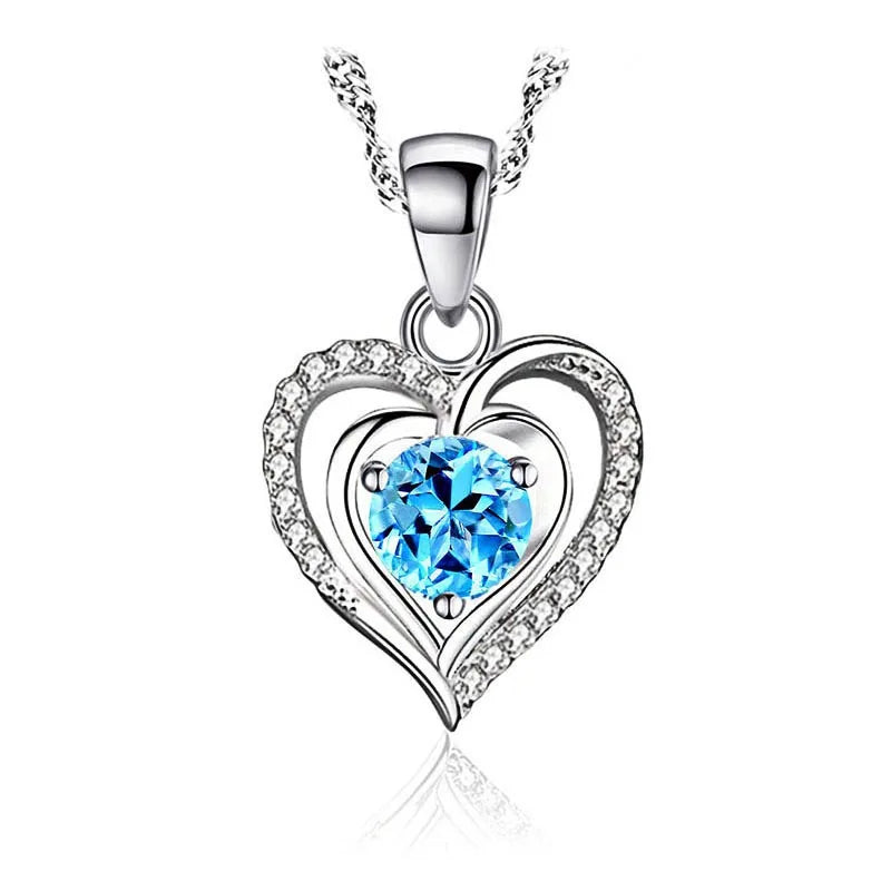 Blue Zircon Heart Charm Pendant Necklace and Sterling Earring Wedding Party Gift Jewelry Set for Women