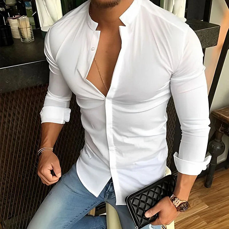 RNSHANGER New Men's Long Sleeve Shirts Casual Streetwear Stand Collar Daily Shirts Fashion Solid Color Work Male Shirts
