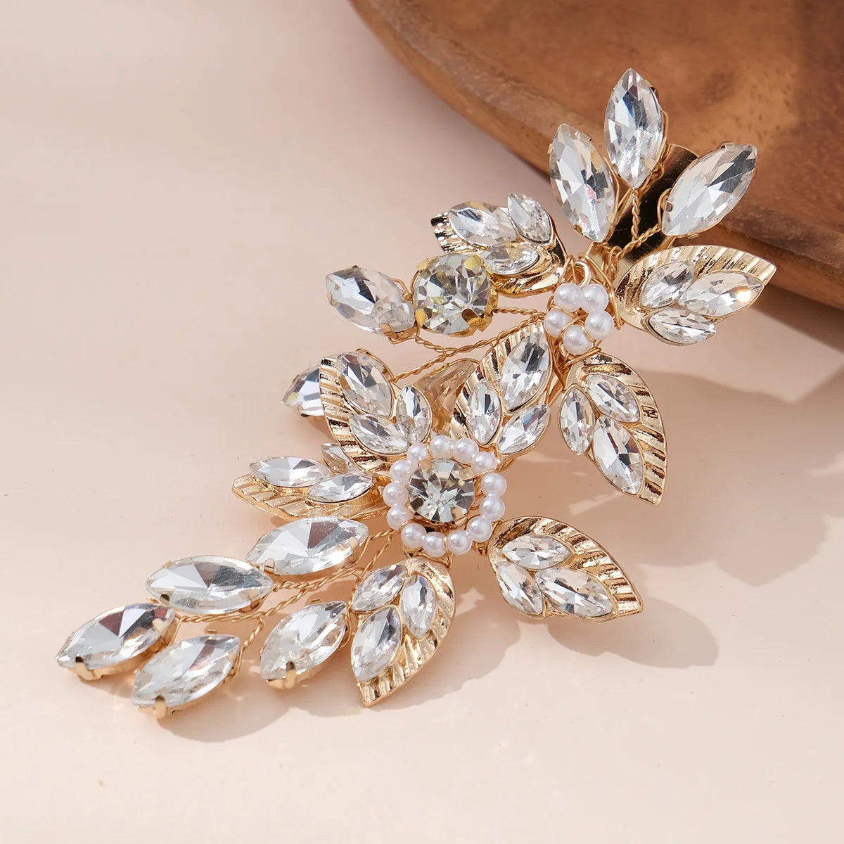 Handmade Luxury Crystals Rhinestones Flower Gold Leaf Hair Accessories Headpiece Wedding Barrettes Hair Clips