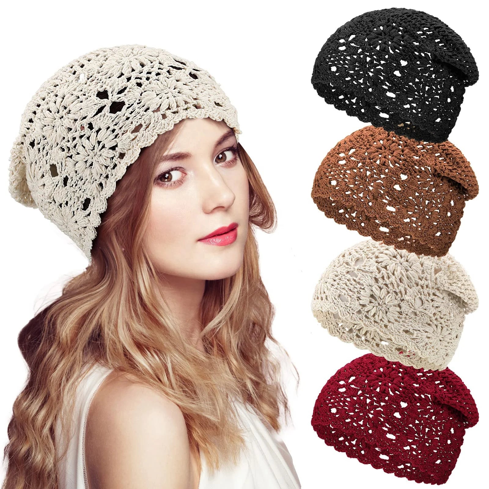 Crochet Ruffle Slouchy Hand Made Floral Flower Skull Cap Knitted Beanie Fisherman Bucket Hat for Women