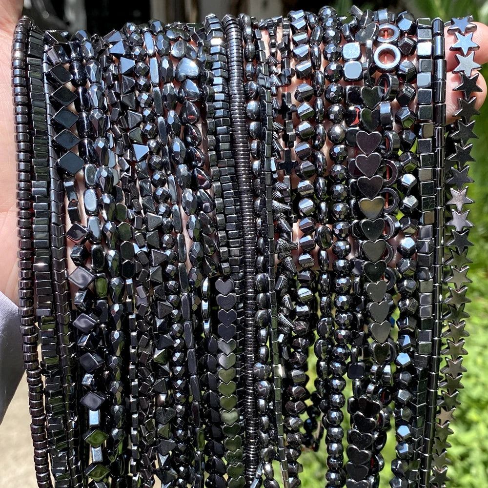 45 Style Natural Black Hematite Stone Beads Star Geometric Column Heart Loose Spacer Beads for Jewelry Making Bracelets Neckl